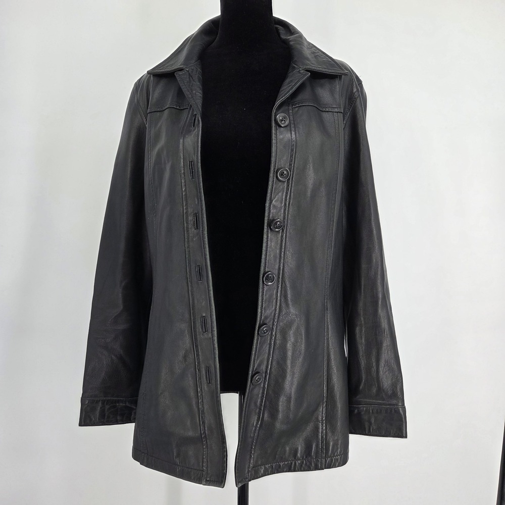 Vtg Vakko Black Leather Shacket Medium Blazer Style Jacket